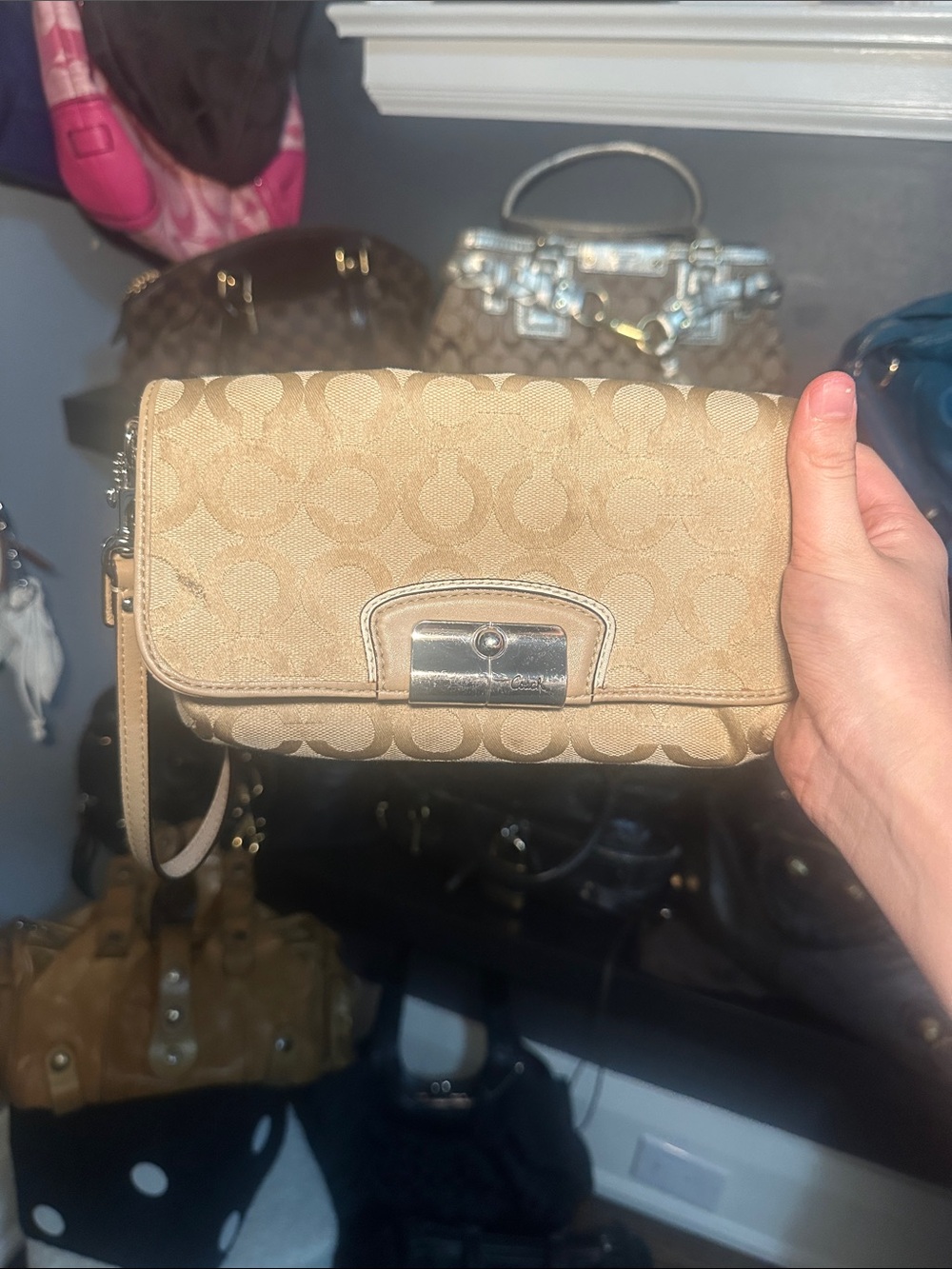 Coach Tan Signature Canvas Wristlet Clutch with Turn-Lock
